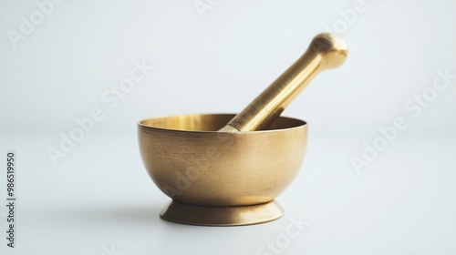 Brass mortar and pestle, isolated on a white ceramic surface photo