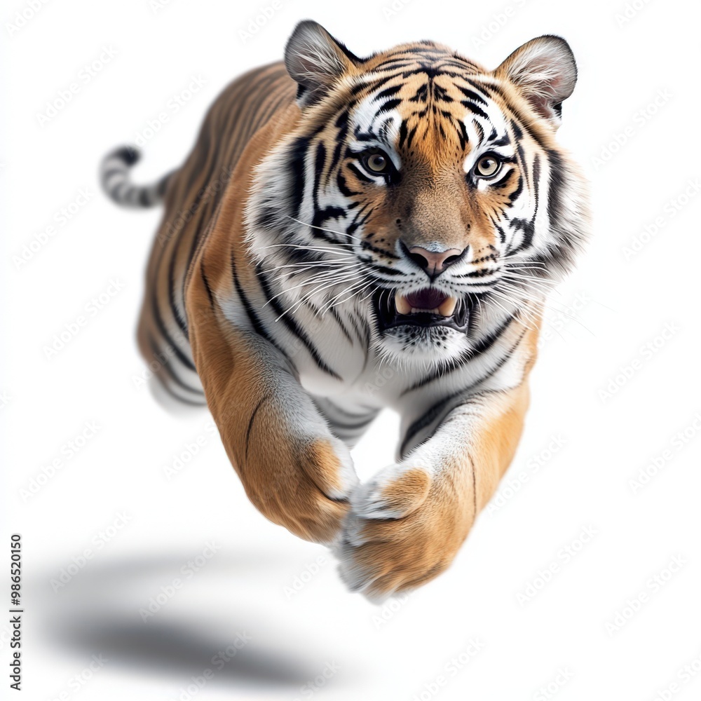 Obraz premium A powerful tiger in mid-leap, showcasing its strength and grace against a clean white background.