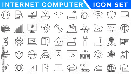 Internet computer icon set. Containing online, computer, network, website, server, web design, hardware, software and programming. Solid icons vector collection.