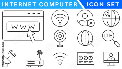 Internet computer icon set. Containing online, computer, network, website, server, web design, hardware, software and programming. Solid icons vector collection.