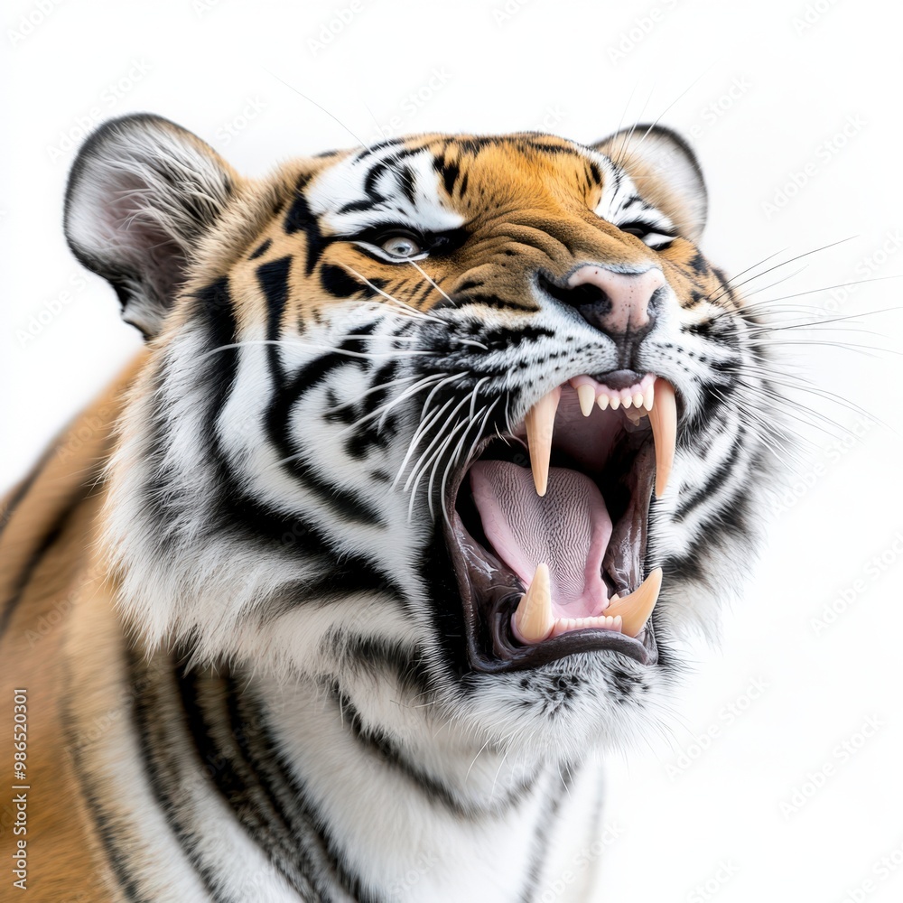 Fototapeta premium A striking close-up of a roaring tiger showcasing its powerful jaw and vibrant fur in stunning detail against a white background.