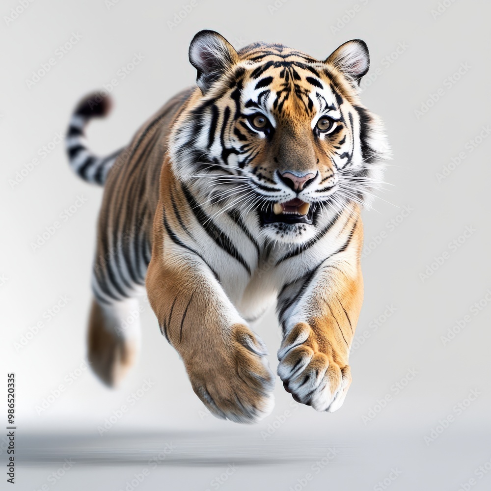 Obraz premium A striking, realistic image of a tiger in mid-leap, showcasing its powerful physique and vibrant fur.