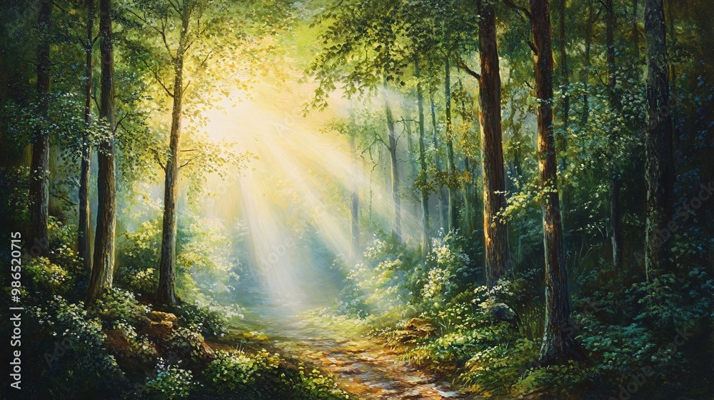 Fototapeta premium Sunlight Filtering Through a Dense Forest, Illuminating a Path