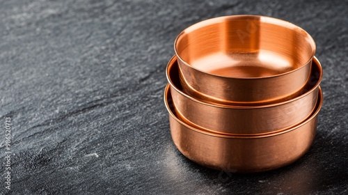 Copper measuring cups stacked neatly, isolated on a dark slate background photo