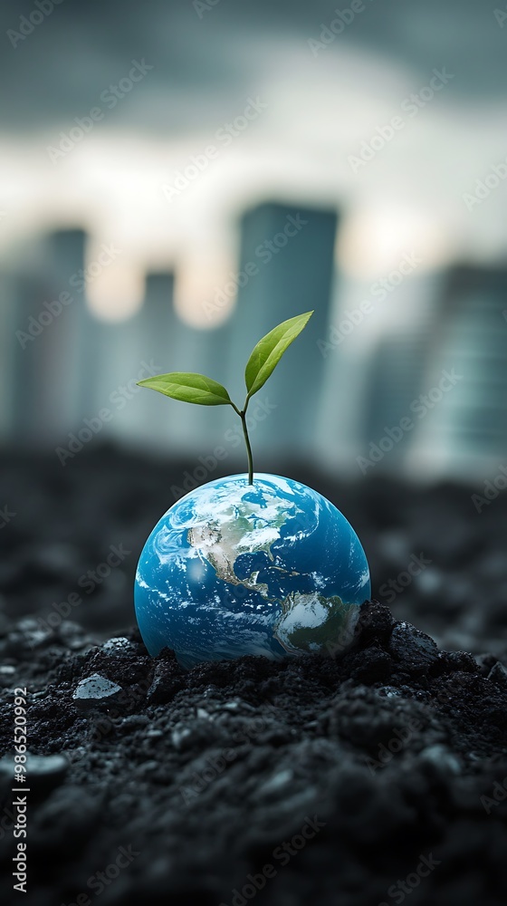 Green plant sprout growing from globe on dark ground, environmental concept Green plant sprout growing from globe on dark ground, environmental concept