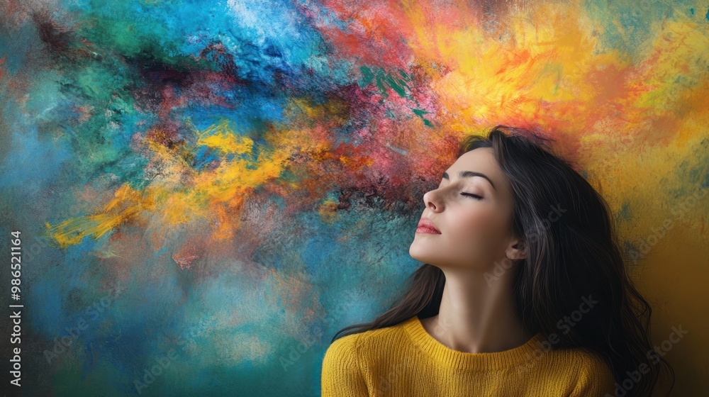 Woman with her eyes closed, surrounded by a brilliant cosmic nebula. Woman with her eyes closed, surrounded by a brilliant cosmic nebula.