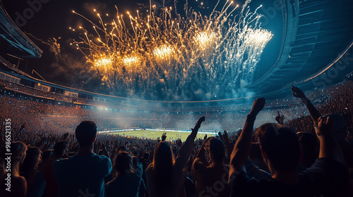 Stadion ożywa podczas wielkiego wydarzenia na żywo, z mnóstwem ludzi skandujących i tańczących pod sceną. Fajerwerki wybuchają nad głowami, dodając magii do już ekscytującego koncertu. photo