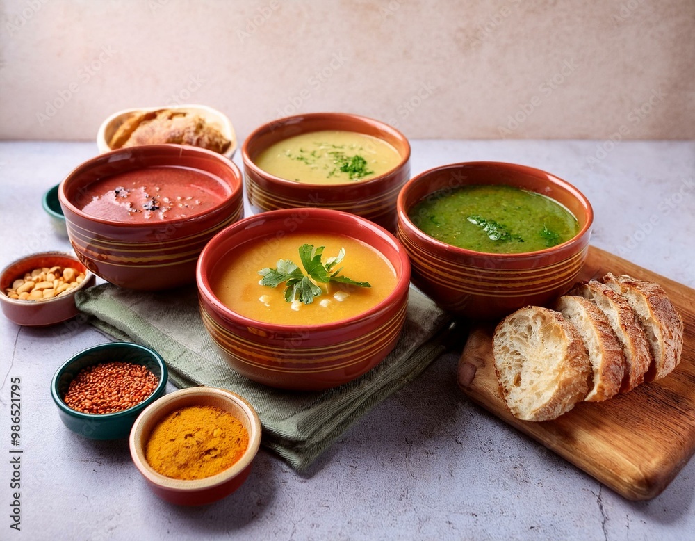 A variety of colorful soups in terracotta bowls A variety of colorful soups in terracotta bowls