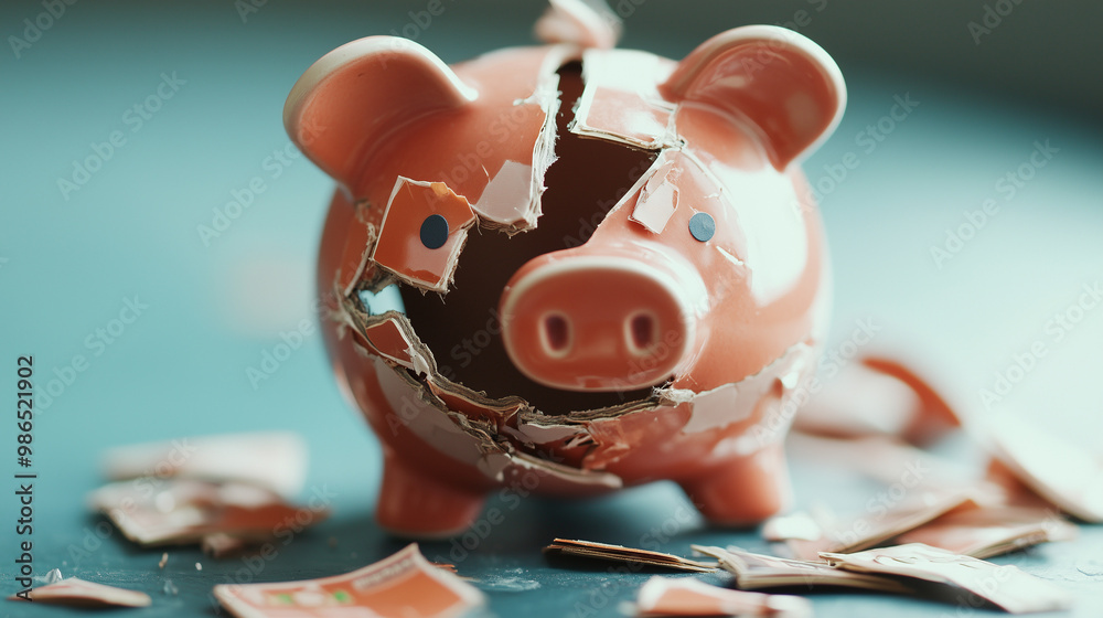 Obraz premium Skarbonka z rozdartym brzuszkiem, leżąca na ziemi, to wymowny obraz bankructwa i finansowego kryzysu.