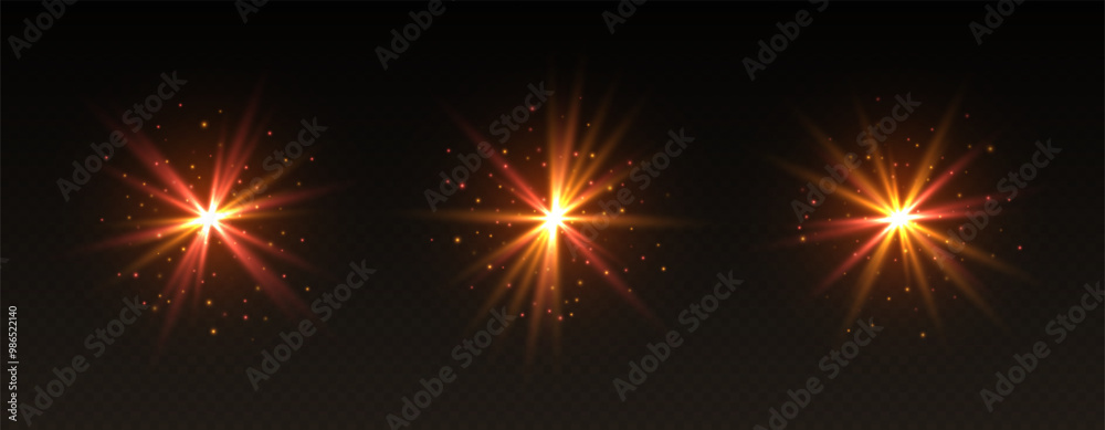 Golden lens flare, shiny star effect, glowing spark, magic twinkle, abstract galaxy gleam isolated on dark background. Vector illustration. Golden lens flare, shiny star effect, glowing spark, magic twinkle, abstract galaxy gleam isolated on dark background. Vector illustration.