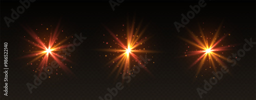 Golden lens flare, shiny star effect, glowing spark, magic twinkle, abstract galaxy gleam isolated on dark background. Vector illustration.