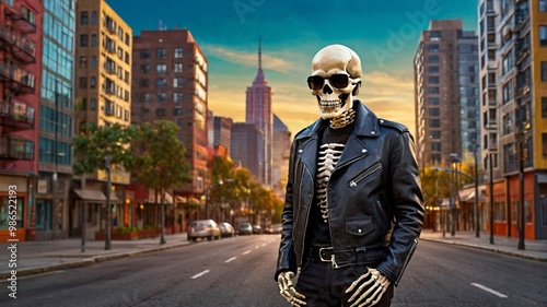 A skeleton wearing sunglasses and a leather jacket, posing in front of a colorful cityscape
