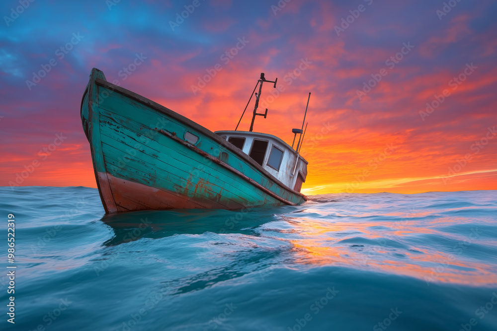 A weathered fishing boat sinking in the ocean during a stunning sunset with vibrant colors A weathered fishing boat sinking in the ocean during a stunning sunset with vibrant colors
