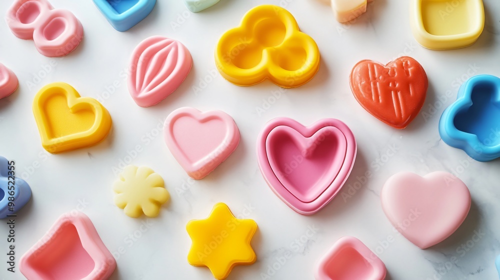Obraz premium Silicone baking molds in fun shapes, isolated on a white marble background