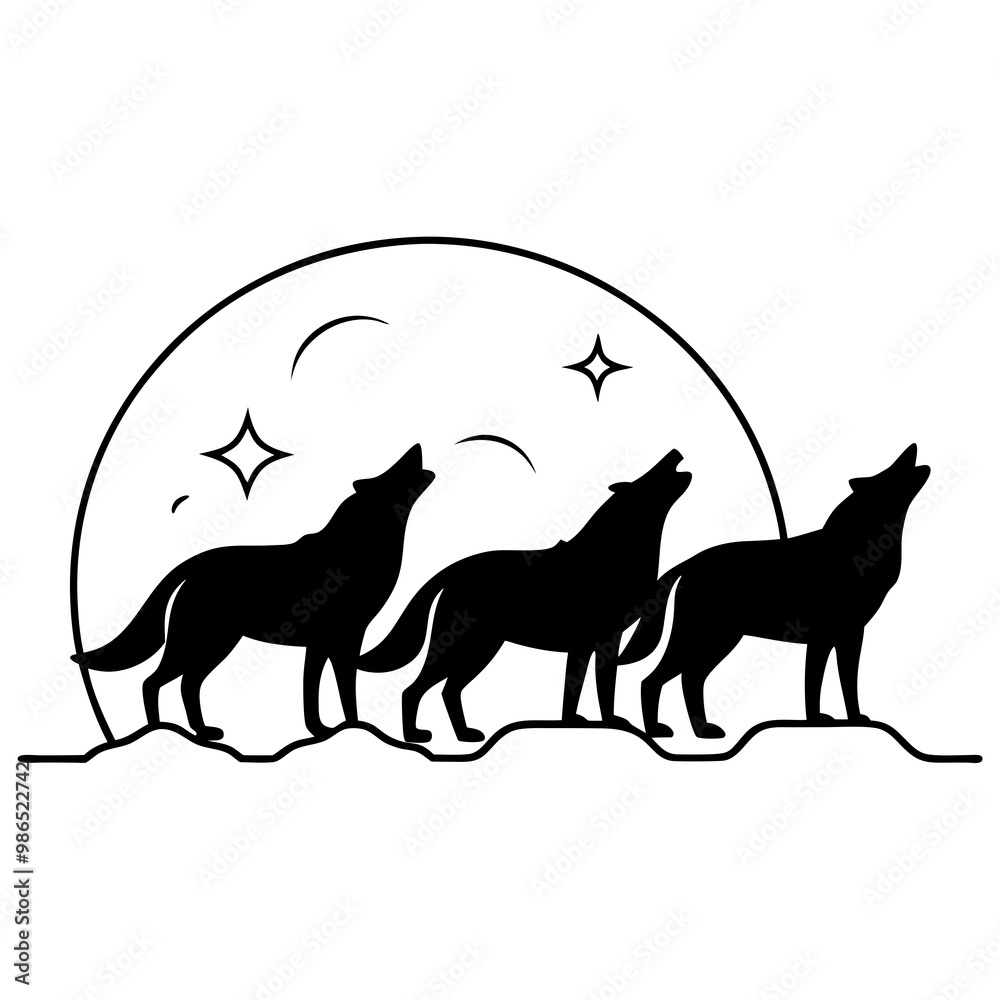 Fototapeta premium Minimalist Wolf Trio Howling at the Moon - Vector Art