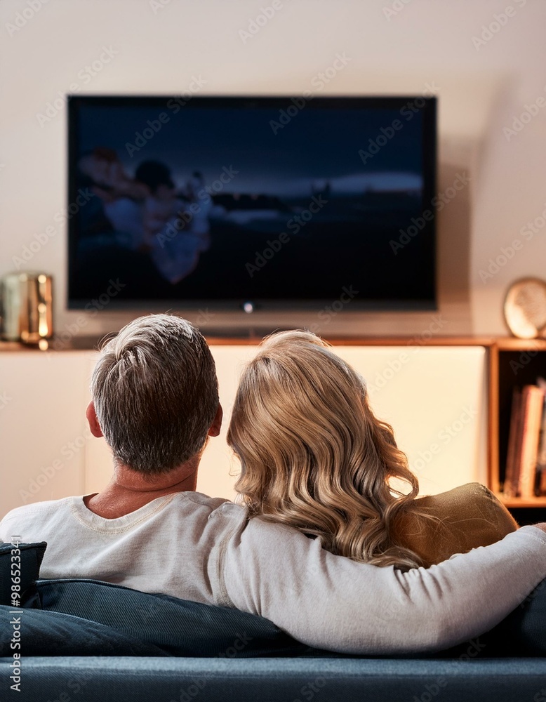 Back view of adult couple watching TV at home while sitting on sofa Back view of adult couple watching TV at home while sitting on sofa