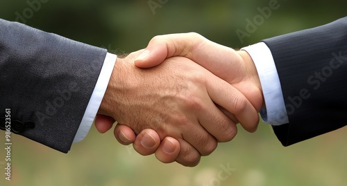 Close-up of Two Hands Shaking in Agreement Against a Green Blurred Background