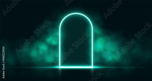 Neon door with smoke, teal glowing portal, futuristic arch gate, magic border with vapor. Vector illustration.