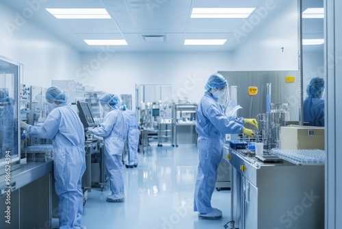 Workers in Protective Gear Operating Machinery in a Clean Room Environment