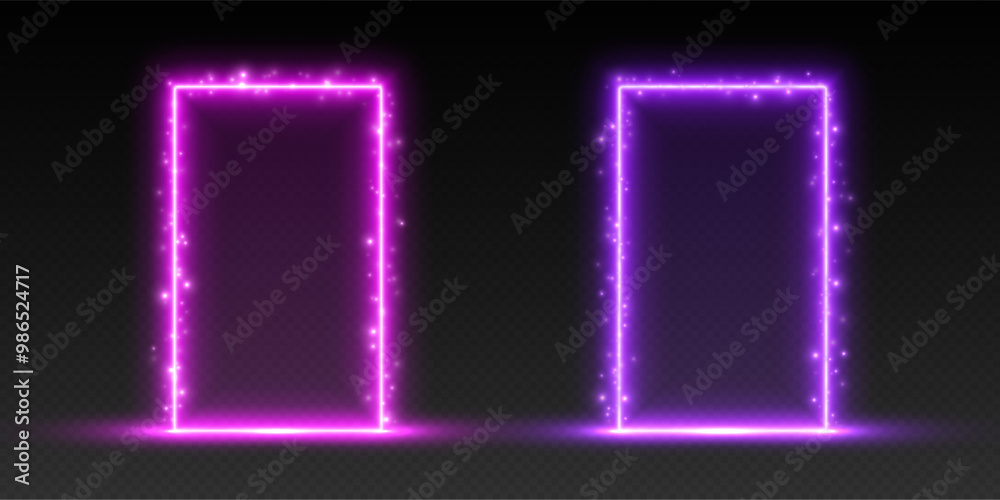 Neon doors with sparkles, purple and pink glowing portals, futuristic gates, magic LED frames. Vector illustration. Neon doors with sparkles, purple and pink glowing portals, futuristic gates, magic LED frames. Vector illustration.