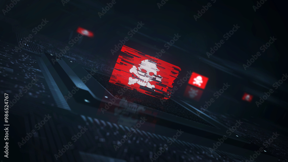 Fototapeta premium Pirates skull digital technology flag on computer CPU