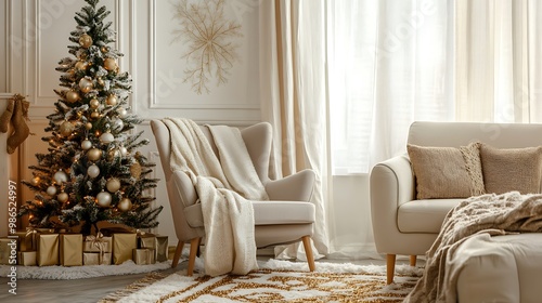 Christmas Tree with Gold Ornaments and Gifts in a Cozy Living Room