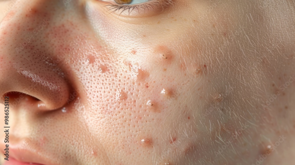 Close-up of a person's face with acne, showcasing the texture and appearance of the skin. Close-up of a person's face with acne, showcasing the texture and appearance of the skin.