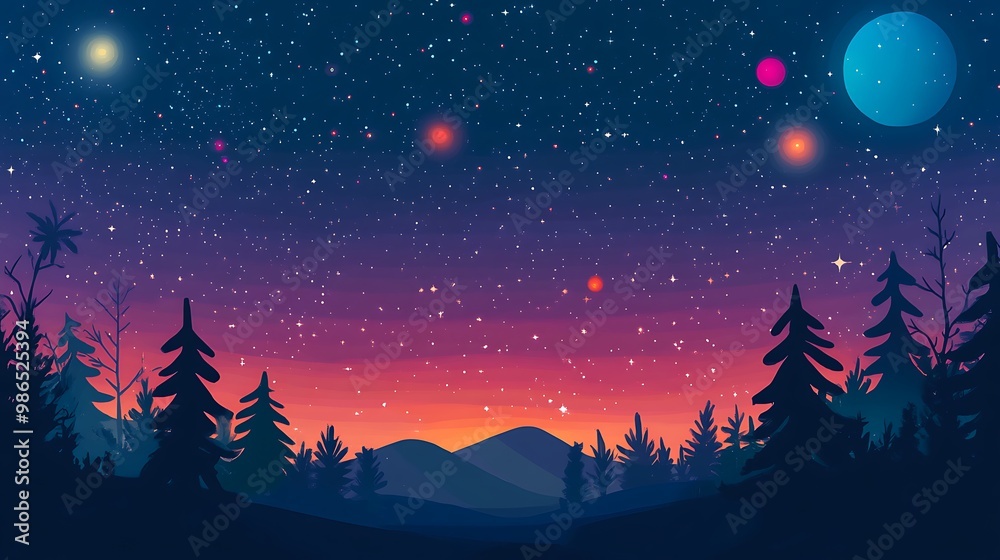 Fototapeta premium Silhouetted Trees Against a Starry Night Sky with a Large Blue Planet and Red Stars