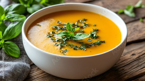 Pumpkin and coconut milk soup, garnished with fresh herbs, served in a modern white bowl, isolated on a soft wooden surface