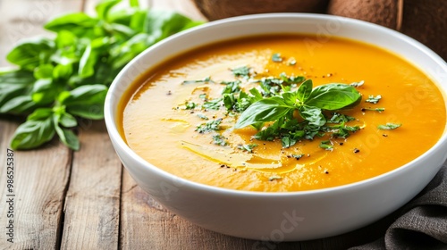 Pumpkin and coconut milk soup, garnished with fresh herbs, served in a modern white bowl, isolated on a soft wooden surface