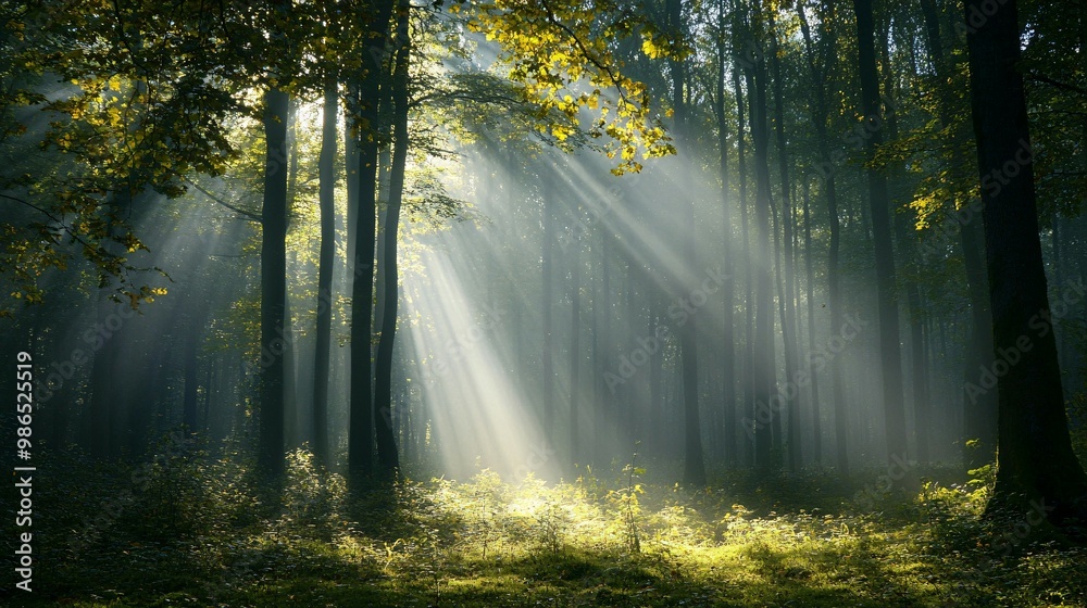 Sunbeams Illuminating a Misty Forest Path Sunbeams Illuminating a Misty Forest Path