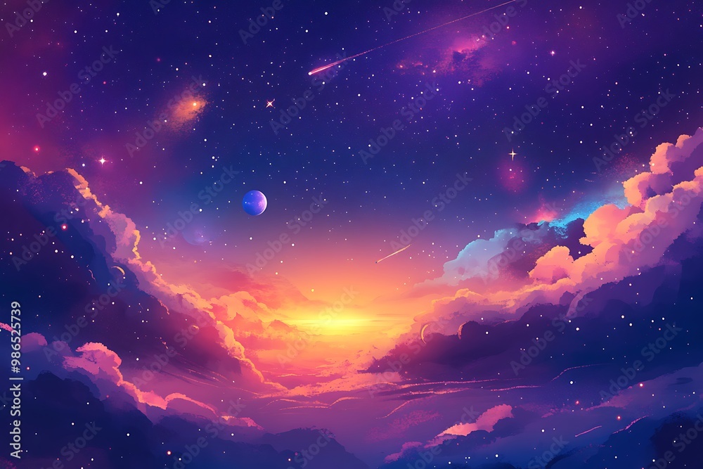 A Dreamy Sunset in a Starry Sky with a Planet A Dreamy Sunset in a Starry Sky with a Planet