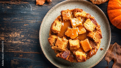 Pumpkin bread pudding with caramel sauce, isolated on a rustic ceramic plate with a dark wood background