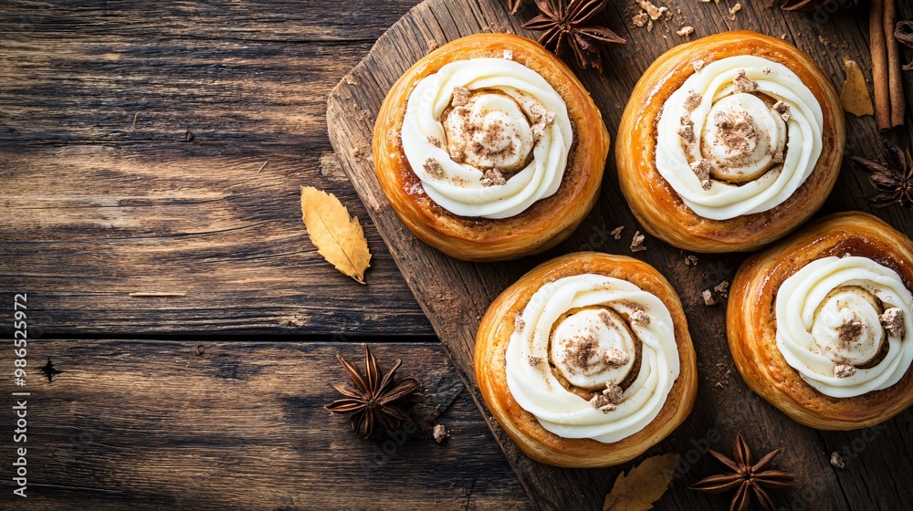 Pumpkin cinnamon rolls with cream cheese frosting, isolated on a rustic wooden surface Pumpkin cinnamon rolls with cream cheese frosting, isolated on a rustic wooden surface