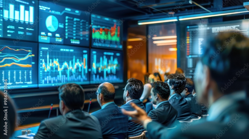 Business Meeting with Financial Data on Screen Business Meeting with Financial Data on Screen
