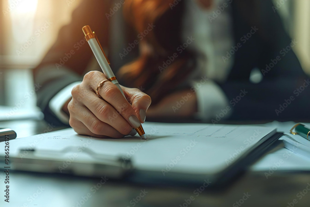 A Businesswoman's Hand Writing Notes in Diary on Desk with Pen Close-Up A Businesswoman's Hand Writing Notes in Diary on Desk with Pen Close-Up