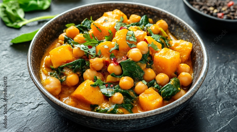 Pumpkin curry with chickpeas and spinach, served in a deep ceramic bowl, isolated on a dark slate background Pumpkin curry with chickpeas and spinach, served in a deep ceramic bowl, isolated on a dark slate background