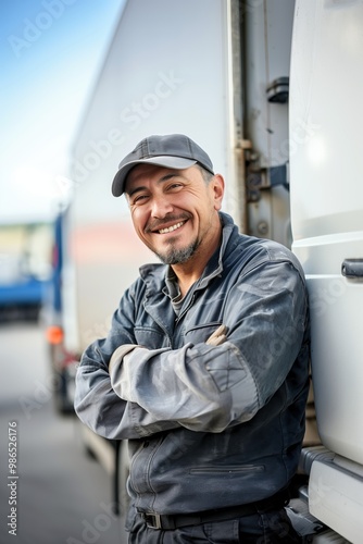 Happy truck driver leaning on his truck, embodying reliability and professionalism in the logistics and transportation industry