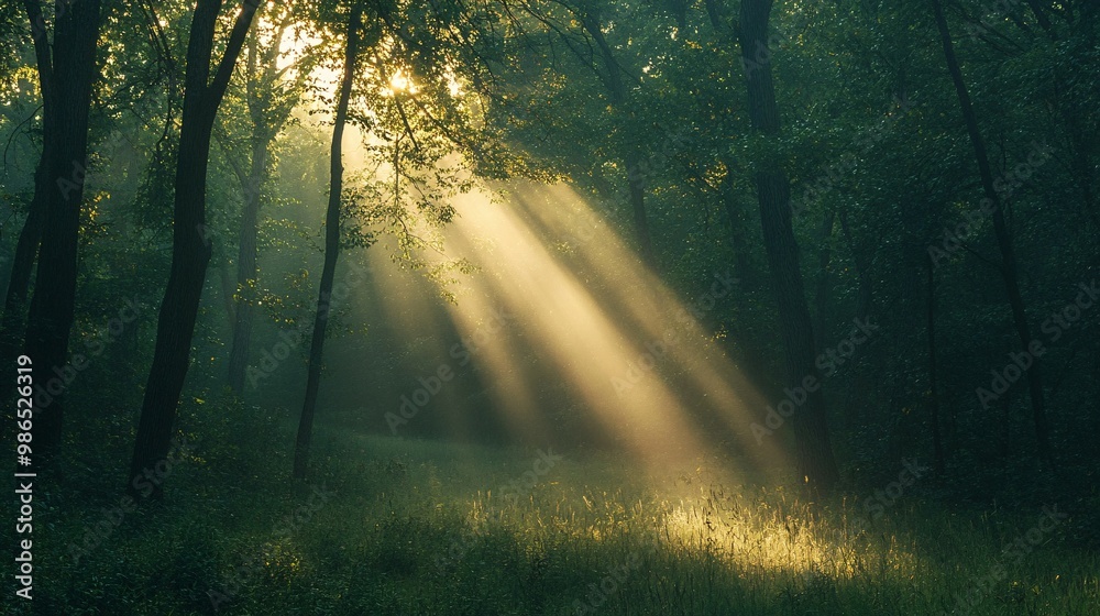 Sunbeams Through a Forest Canopy on a Misty Morning Sunbeams Through a Forest Canopy on a Misty Morning