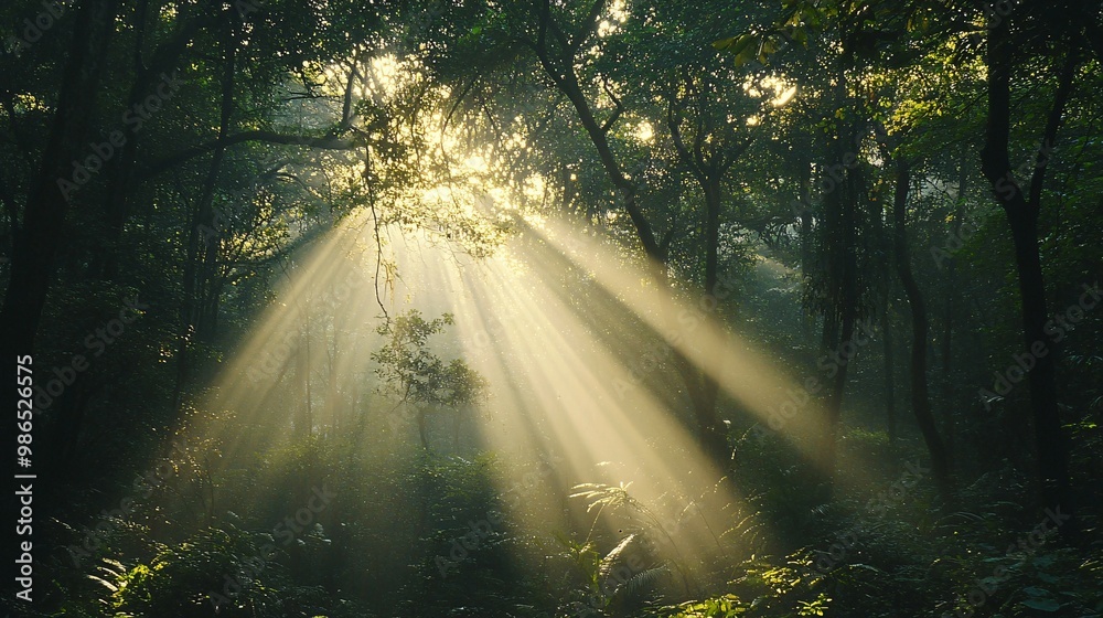 Obraz premium Sunbeams Illuminating a Dense Forest Floor