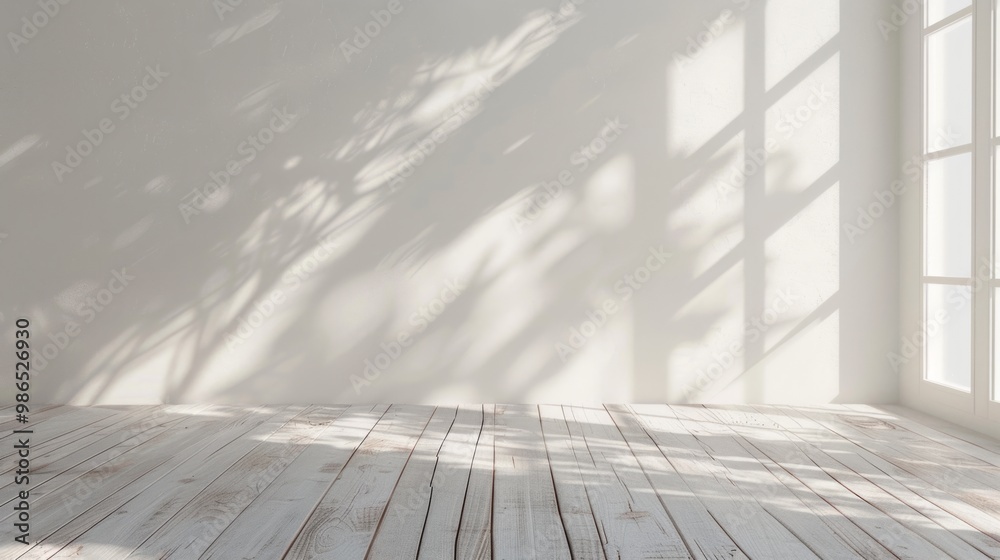 Natural sunlight casts delicate shadows on a minimalist empty room with wooden flooring and large windows in the afternoon Natural sunlight casts delicate shadows on a minimalist empty room with wooden flooring and large windows in the afternoon
