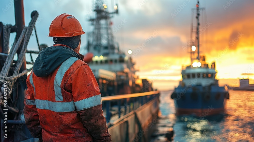 A dock worker observes two boats against a vibrant sunset at the harbor during early evening A dock worker observes two boats against a vibrant sunset at the harbor during early evening