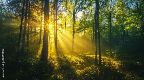 Sunbeams Illuminating a Dense Forest at Dawn