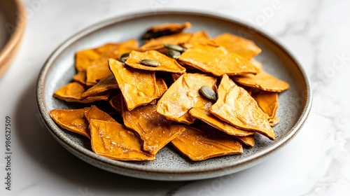 Pumpkin seed brittle arranged on a ceramic plate, isolated on a modern marble countertop