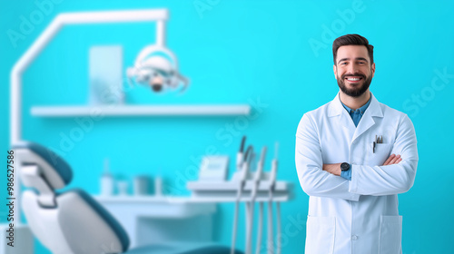 A professional dentist stands proudly, smiling next to his chair and tools, with the clean lines of a modern clinic adding to the professional atmosphere.