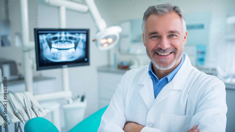 A dentist man, smiling warmly, next to an examination chair, with dental monitors displaying x-rays in the background. A dentist man, smiling warmly, next to an examination chair, with dental monitors displaying x-rays in the background.