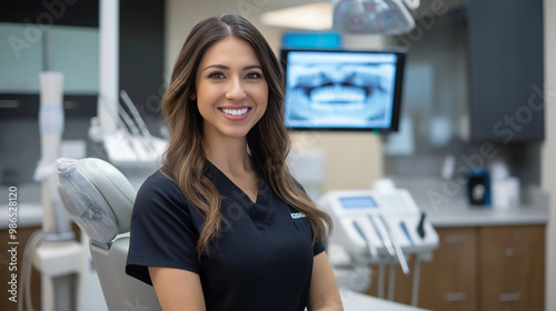 A dentist woman smiling confidently, holding a dental tool in her hand as she stands beside a dental chair, with modern monitors and tools providing a high-tech backdrop. Free Download A dentist woman smiling confidently, holding a dental tool in her hand as she stands beside a dental chair, with modern monitors and tools providing a high-tech backdrop. - GFXLoad
