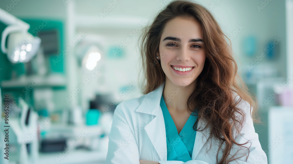 Fototapeta premium A smiling young dentist woman, leaning against a counter in her clinic, with the bright, sterile atmosphere of the space emphasizing cleanliness and professionalism.