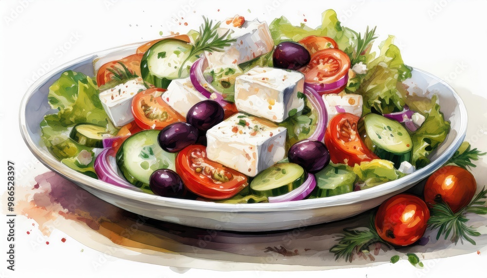Fresh Greek salad with tomatoes, cucumbers, olives, and feta cheese on white plate. Watercolor illustration, on white background Fresh Greek salad with tomatoes, cucumbers, olives, and feta cheese on white plate. Watercolor illustration, on white background
