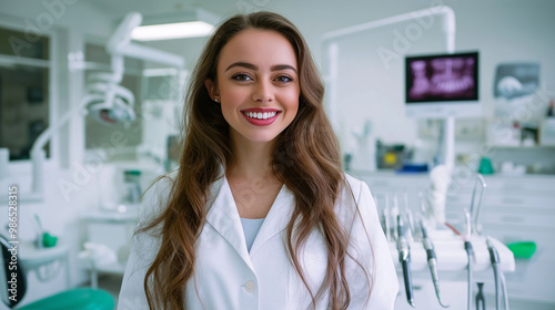 A female dentist smiling confidently, standing by her tools in a brightly lit, modern clinic, with dental equipment and patient charts in the background.